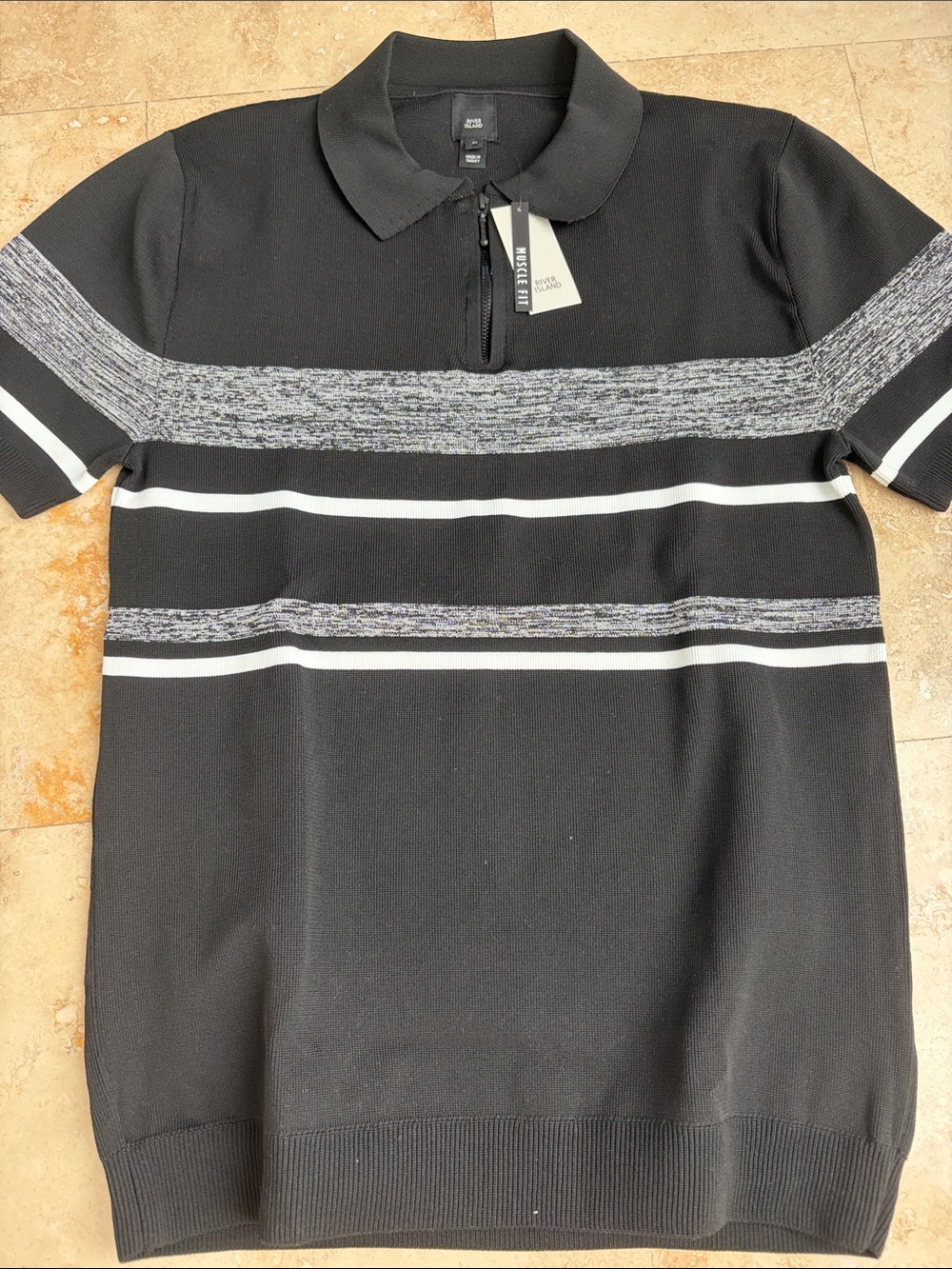 River Island Black Short Sleeve Zip-Up Knit Sweater with White stripes new w/tag